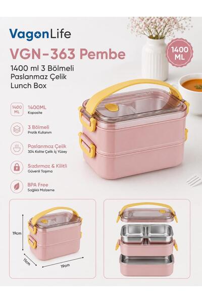 Vagonlife VGN-363 Pembe 1400 ml 3 Bölmeli Paslanmaz Çelik Yemek Kabı (Lunch Box)