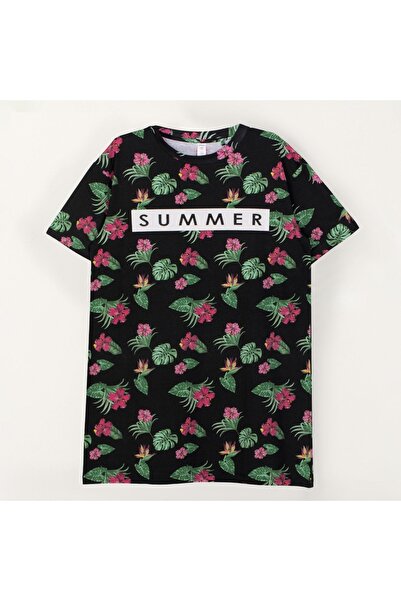 OEM Rochie de vară neagră de damă, cu mânecă scurtă, cu imprimeu floral tropical