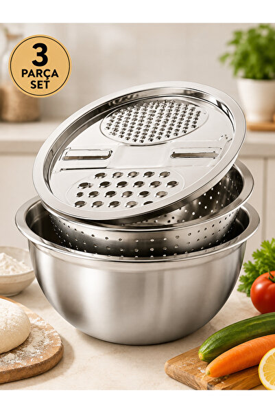 EUROLUXE 3-Piece Stainless Steel Grater, Strainer and Kneading Bowl Set 28 cm...