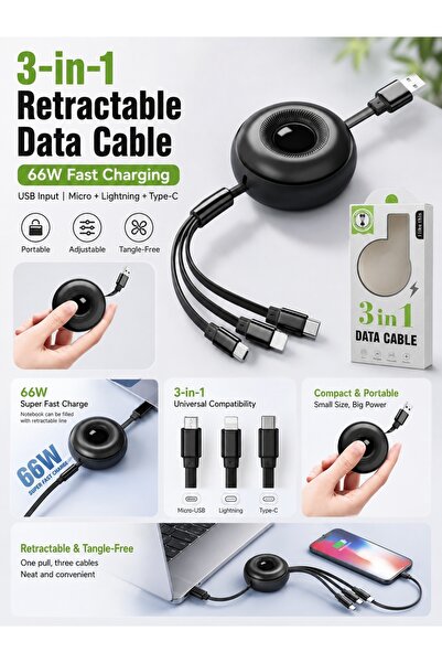 Generic 66W 3-in-1 Retractable Fast Charging Cable, USB-A to Type-C, Lightnin...