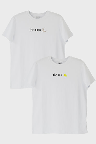 lofux مجموعة تيشيرتات بيضاء من ماركة Moon and Sun