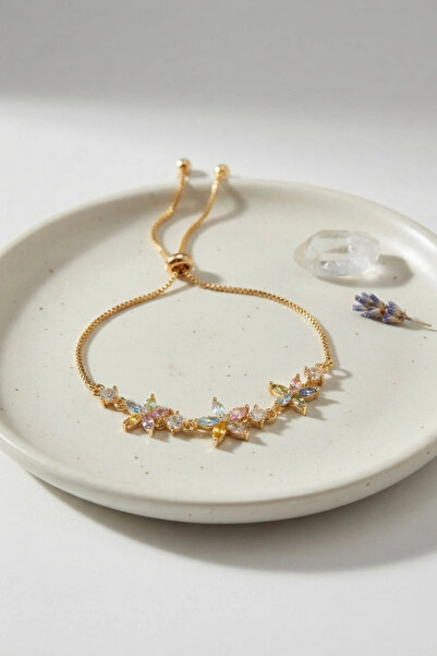 Clariss Brass Gold Color Floral Model Zircon Stone Elevator Bracelet