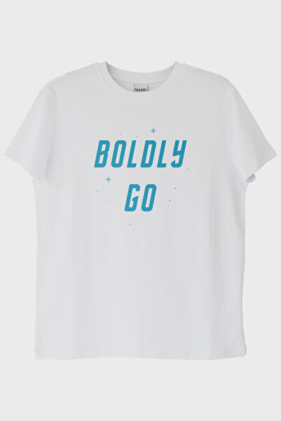 lofux Boldly Go Printed Space-Themed White T-Shirt