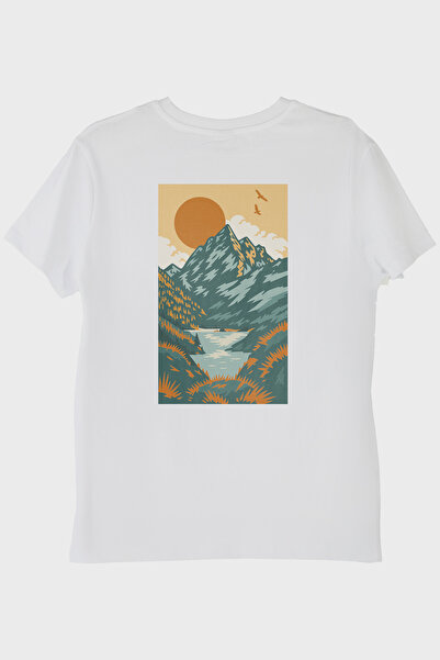 lofux White T-Shirt with Orange Sunny Print and Nature View