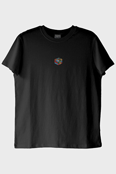 lofux Rubik's Cube Patterned Embroidery Black T-Shirt