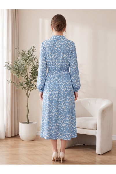 Finelook Women's Printed Midi Shirt Dress – Long Sleeve Collared Button-Down Casual Dress