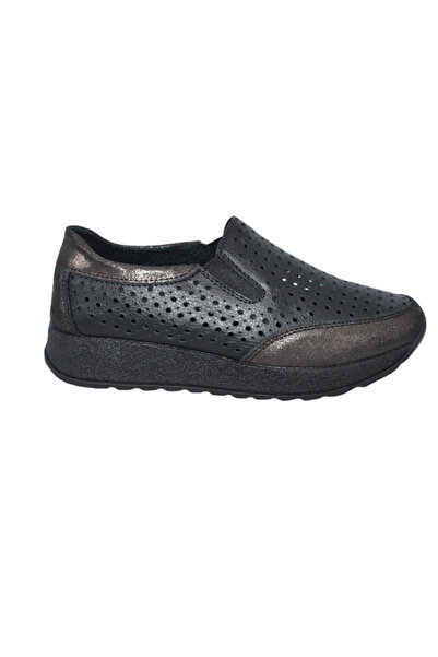 OEM Pantofi sport damă negri din piele naturală cu perforații și talpă groasă