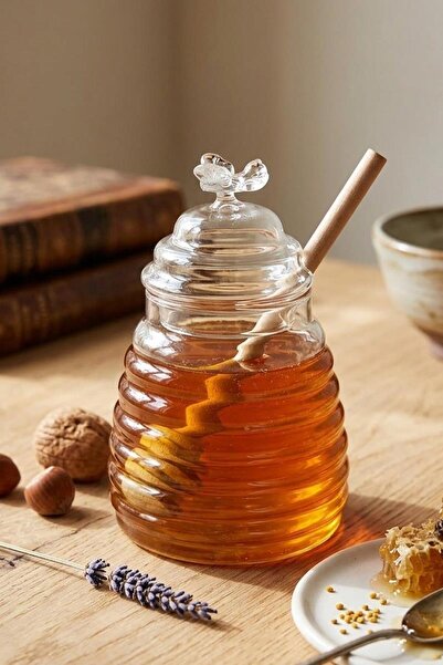 ALBETTO Borosilicate Glass Honey Jar with Wooden Spoon 300ml