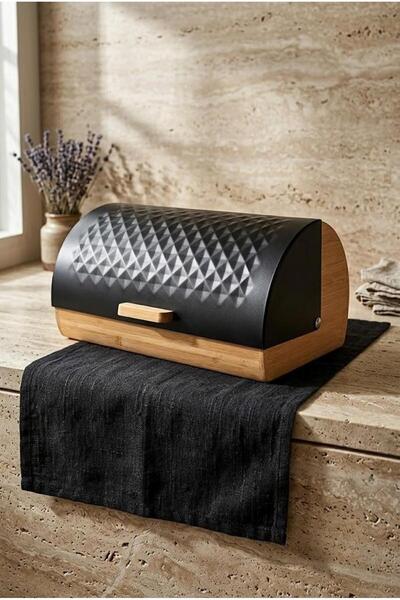 Atbyhome Black Pane Bread Cabinet with Bamboo Body 38X25X18.5 cm - Bread Cont...