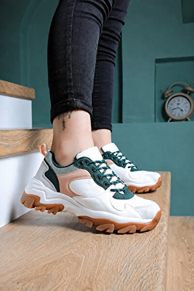 ZBCLUB Women's Thick Sole Sneaker Lace-Up Cream Green