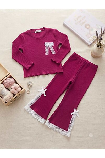 renkli diyar Girls' Pants with Slits, Lace Details, and Long-Sleeved Blouse T...