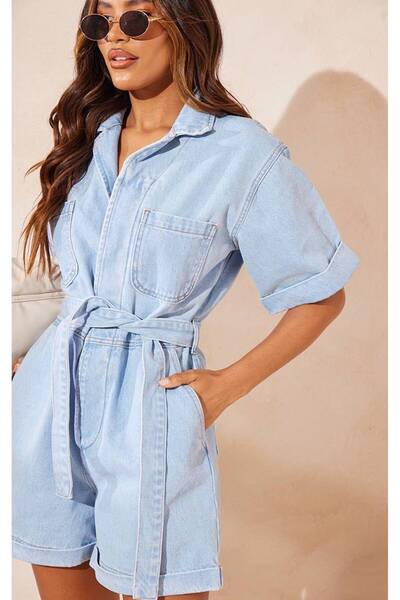 PARTEA Kuşaklı Gömlek Yaka Denim Şort Tulum