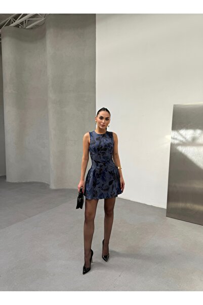 Eleganza Divina Çiçek desenli denim mini elbise