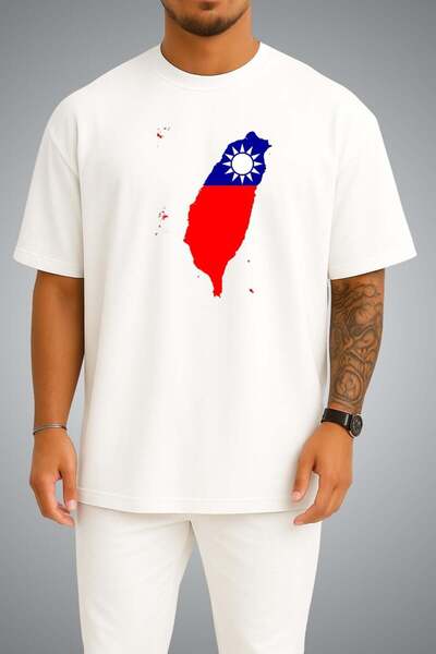Bahriyeli Collection Oversize Taiwan Flag and Map Chest Printed Unisex T-Shirt