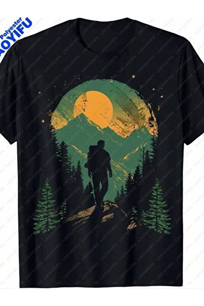 k222 Retro-Style Hiker T-Shirt With Mountainous Print Graphic T Shirts Mens C...