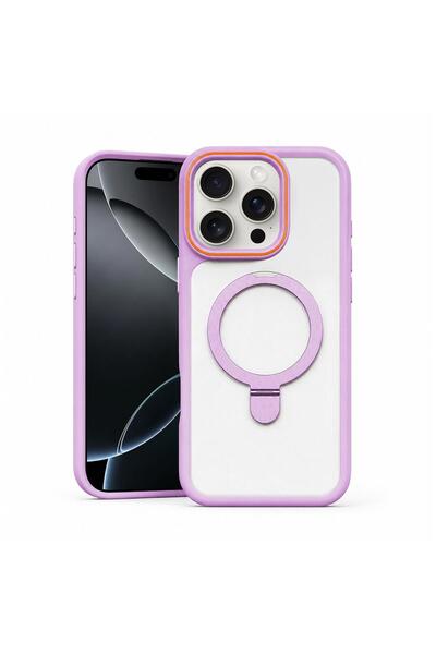 Zebana Apple iPhone 15 Pro Max Uyumlu Kılıf MagRing Standlı Silikon Kılıf Lila