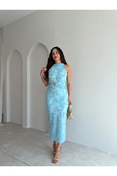 Mooi Butik فستان ويستيريا ميدي لامع 8959 - أزرق