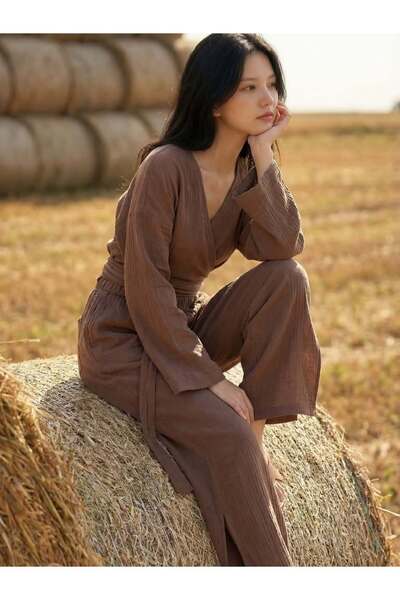 Lorenzella Women's Brown 100% Cotton Muslin Double Set - Bohemian Double-Breasted Blouse and Wide-Leg Pants