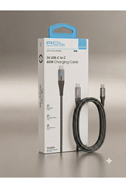 ACL Aura Akse 3A USB-C to Type-C 60W Örgülü LED Tasarımlı Şarj ve Data Kablos...