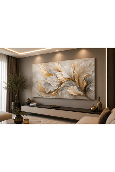 EvimeTablo Modern Soyut Yaprak Kanvas Tablo – Bej Gold Ginkgo Yaprak Desenli ...