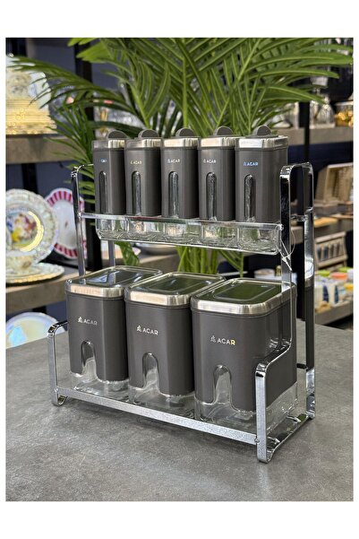 Doğudeko Rex Collection 9 Piece Spice Set with Metal Glass Stand Silver