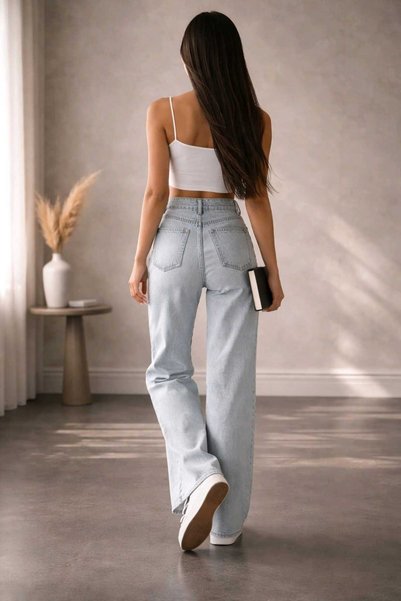 DRC trend Ice Blue Women's Loose Super High Waist Lycra Jeans Trousers