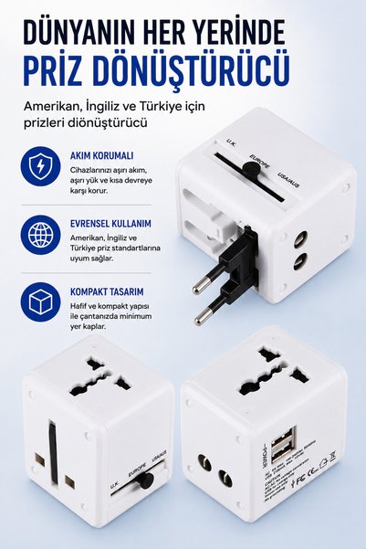 Coverzone Universal Priz Dönüştürücü Akım Korumalı Seyahat Adaptörü Türkiye ABD İngiltere Avrupa Uyumlu CV640 995L