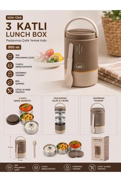 Vagonlife Vgn-1266 Brown 900 ml 3-Tier Cylinder Stainless Steel Lunch Box