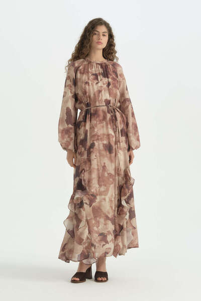 Nihan Flounce Ruffle Balloon Sleeve Dress - Plum