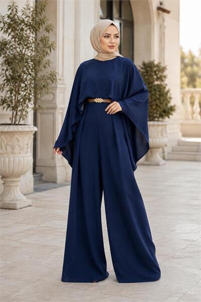 Neşeli Butik Women's Navy Blue Gold Belt Detailed Crepe Hijab Overalls with D...