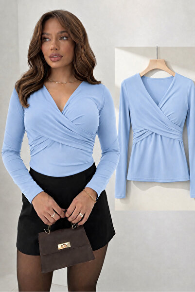 peri tower Women's Cross Front Detail V-Neck Sandy Fabric Long Sleeve Blouse 02