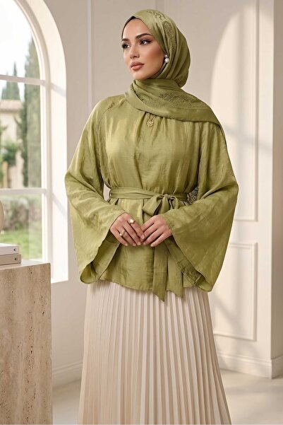 TOFİSA Kuşaklı C yaka Salaş Tunik Haki - 28773-HAKI