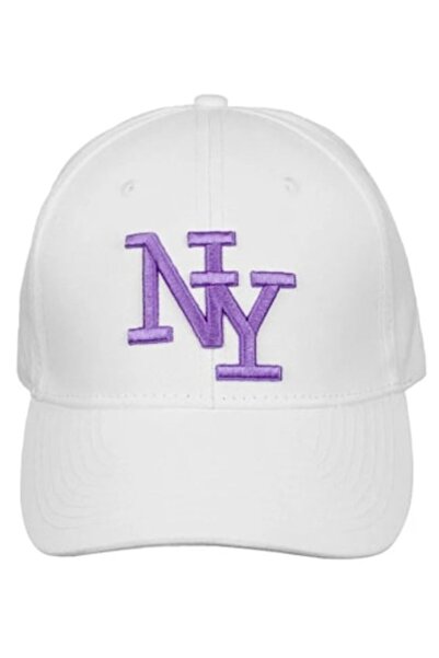 CATIANO Șapcă albă din bumbac cu inscripția „NY” violetă pentru femei