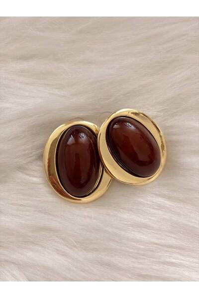 LENORE Retro Oval Kahverengi Taşlı Altın Kaplama Kadın Küpe