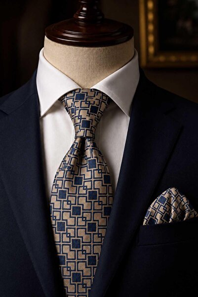 Kravatkolik Beige Navy Blue Square Pattern Classic Tie with Handkerchief Kk13895