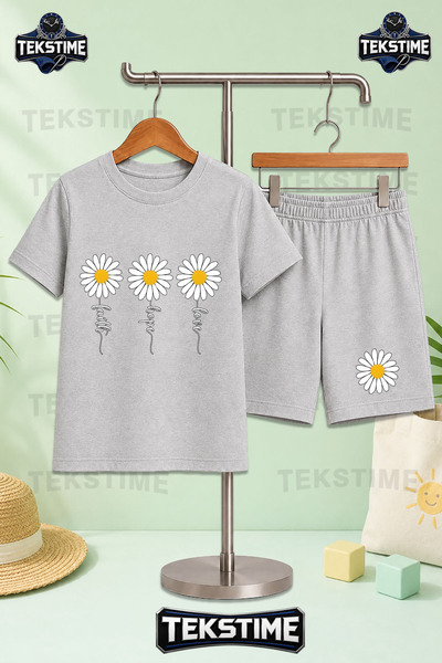 TEKSTIME Unisex Çocuk Tişört - Şort Takım Papatya Üçlü Yazılı Baskılı Bisikle...
