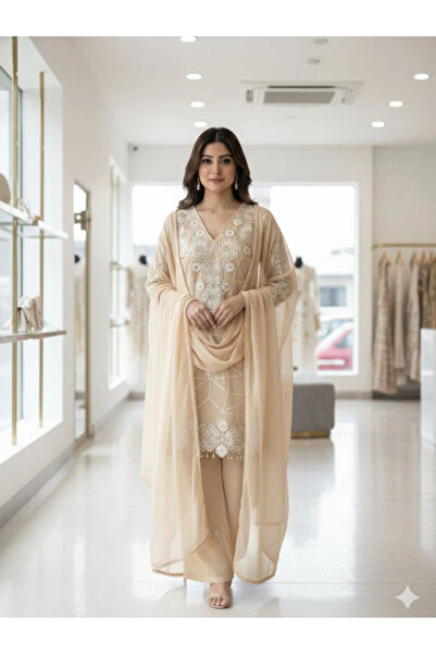 MYSMAR Beige Georgette Embroidered Kurta Plazzo Set - HRT7802-Beige-Size:2XL-...