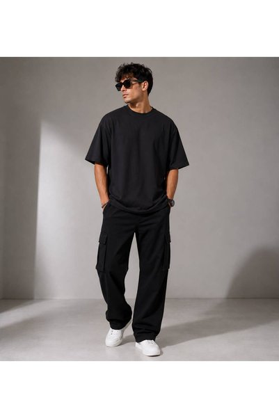 khufu Black Crew Neck Oversize Fit Cotton Balance Back Print Detailed Relaxed Cut Unisex T-Shirt