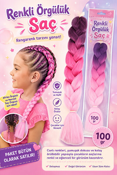 Rhea Company Premium Mor-Pembe-Toz Pembe Ombreli Örgülük Saç (100gr)