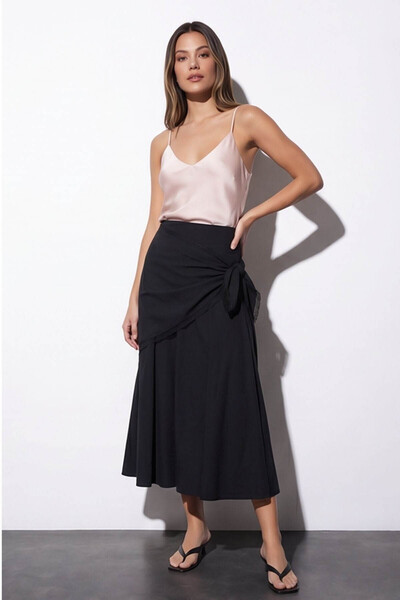 Quzu Black Women's Skirt with Shawl Detail Etk02088