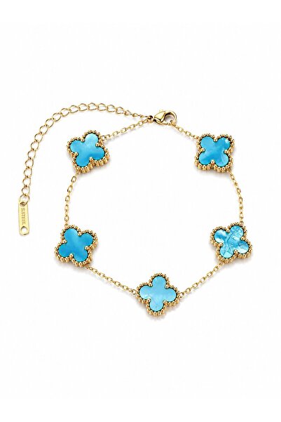 serelya 316L Steel Pearlescent Sky Blue Gold Color Clover Women's Bracelet
