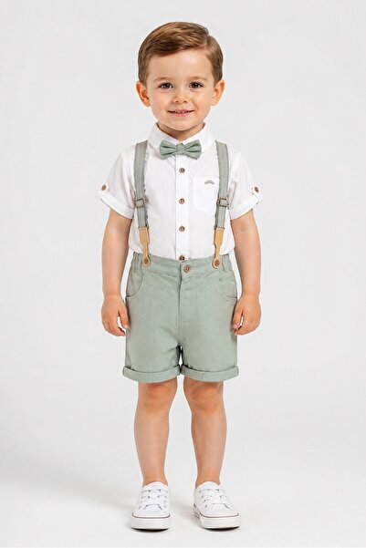 Little Gent Toddlers Boy 4 Pcs Embroidered Shirt And Shorts With Bowtie Set, ...