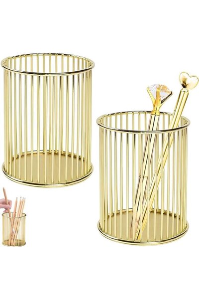STARSTAR Gold 2-Piece Wire Pen Holder Makeup Brush Desktop Organizer