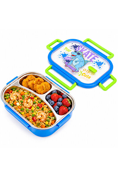HI-FINE Skate Dino Kids 304 Stainless Steel Lunch Box 550ml, 3‑Compartment Re...
