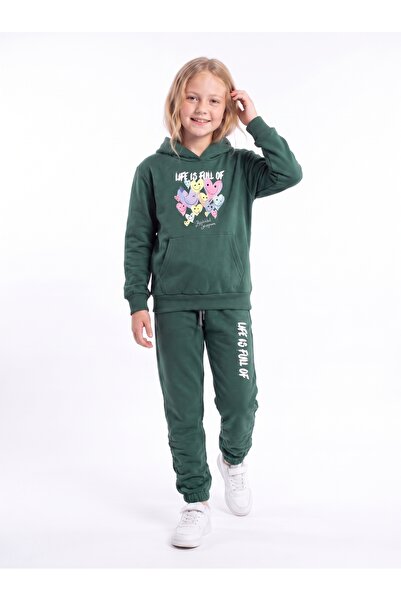 FYK KİDS Girl's Printed Kangaroo Pocket Hooded Tracksuit Set