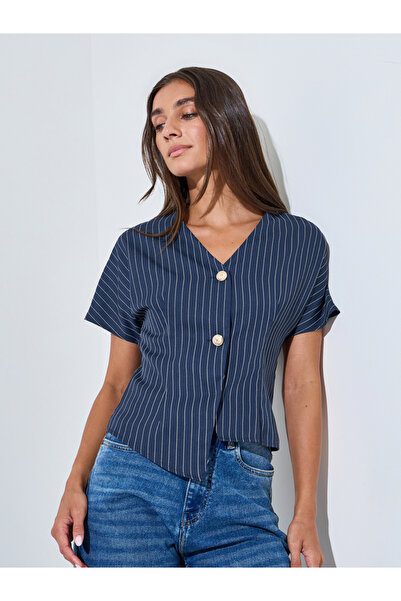 Styli Navy Blue Striped Asymmetric Hem Knit Top with Button Front