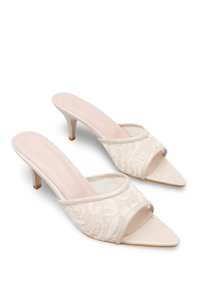 Bak Store Skin Beige Lace Women's Kitten Heeled Slippers Pointed Toe Bridal Dowry Wedding after Party Bride to Be Bachelorette Bridesmaid