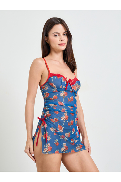 Take Two By Styli Blue Floral Mesh Babydoll