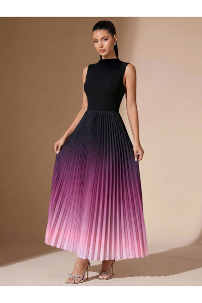 Styli Black Ombre Pleated A-Line Maxi Dress