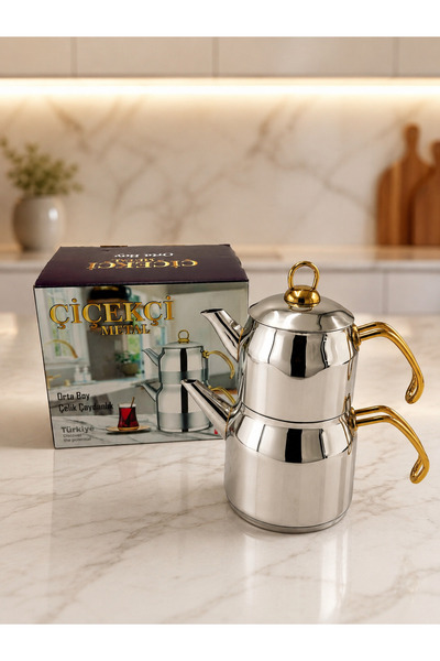 ÇİÇEKÇİ Çiçekci Gold Medium Size 18/10 Stainless Steel Teapot Set-Bottom:2.25...
